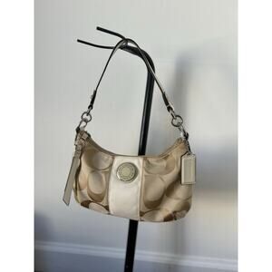 COACH F19218 Signature Beige Crossbody Shoulder Bag Long Strap Y2K Leather Trim